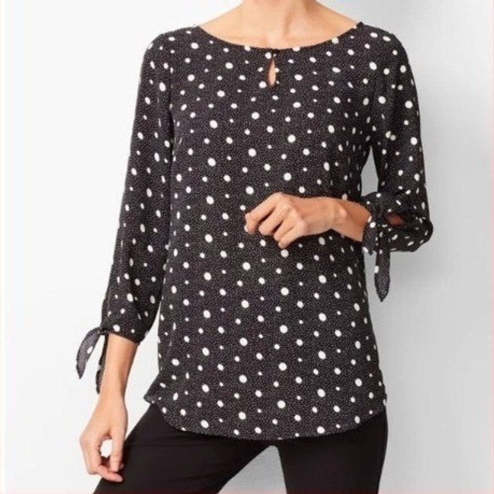 Talbots Classic Womens 2X Black Polka Dot 3/4 Tie Sleeve Keyhole Neck Blouse - Picture 7 of 11